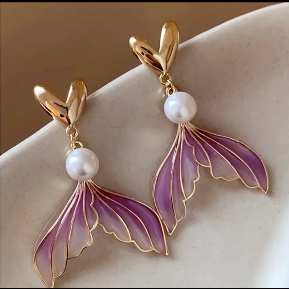 Gold and Purple Mermaid Tail Earrings - Picture 1 of 3